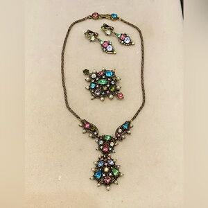 1951 HollyCraft Rhinestone Necklace Earrings & Brooch Vintage Jewelry Set
